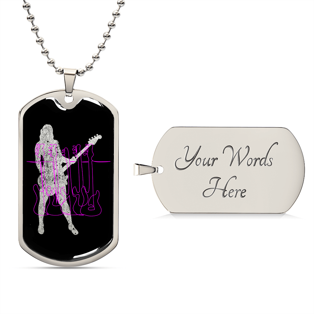 Dog Tag Black Necklace | Female Bassist Cutout | Pink Bass Guitars | Pink Bass Clef | Distressed