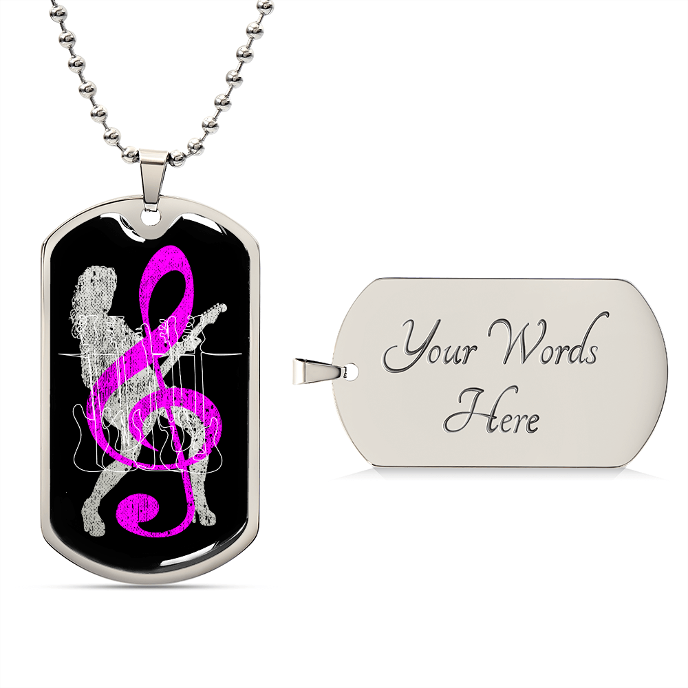 Dog Tag Necklace Black | Female Guitarist Cutout | Bass Guitars | Pink Clef