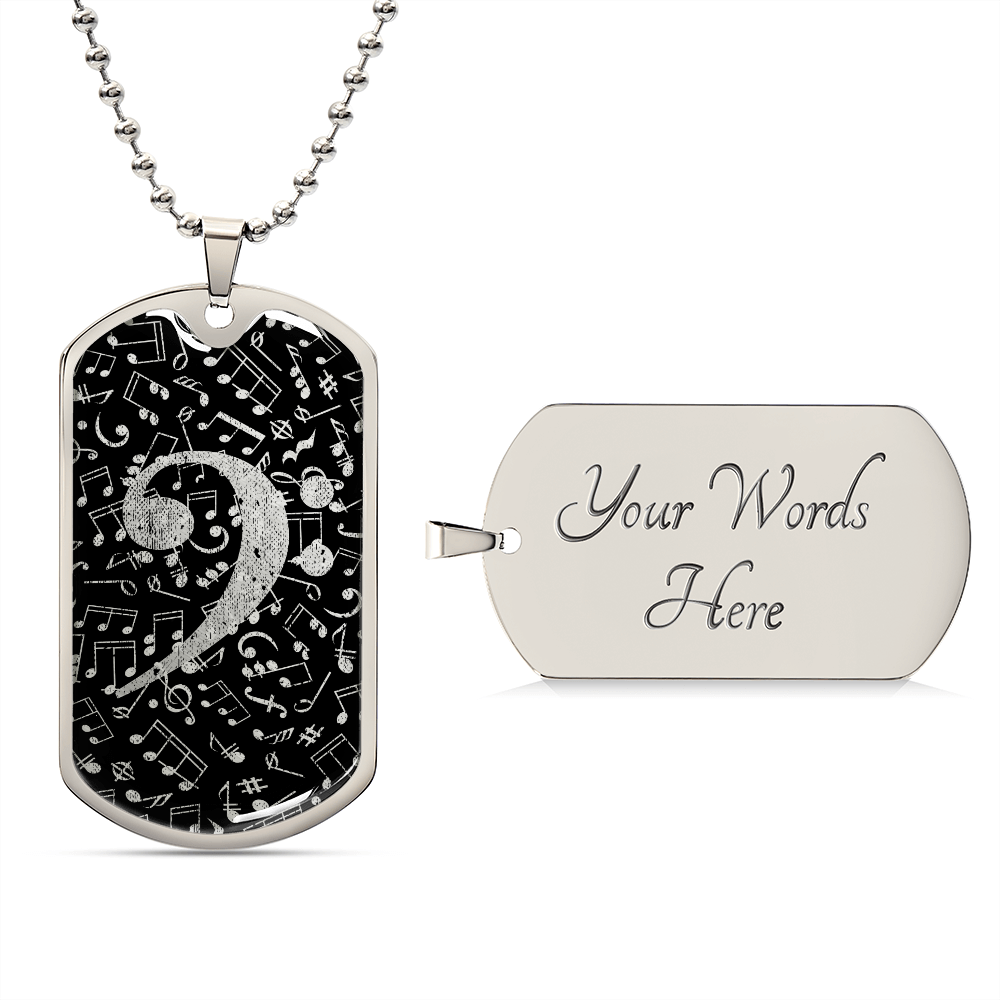 Dog Tag Necklace Black | Bass Clef Cutout | Music Notes | Distressed