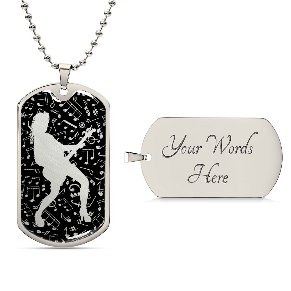 Dog Tag Necklace Black | Female Guitarist Cutout | Music Notes Cutout