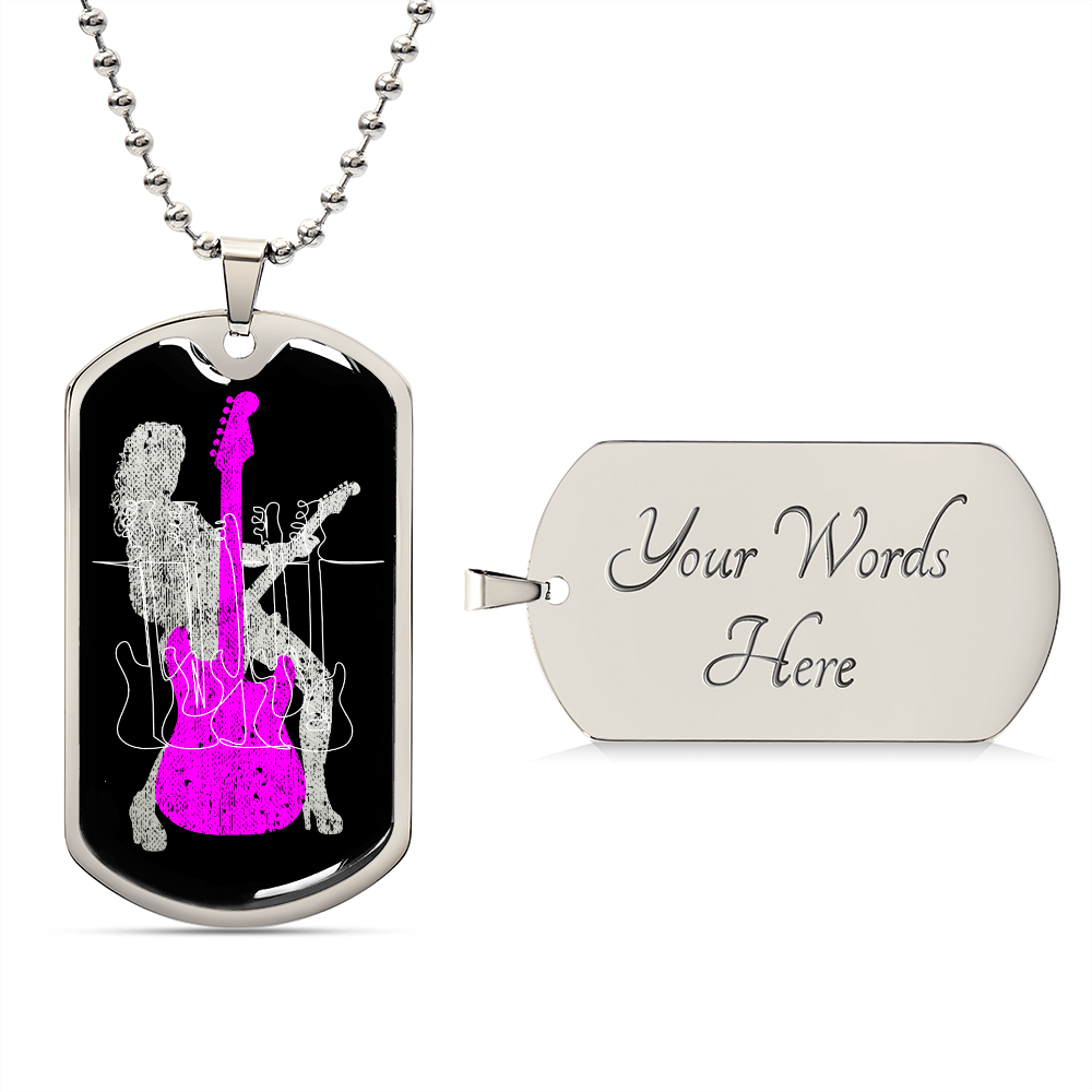 Dog Tag Necklace Black | Female Guitarist Cutout | Bass Guitars | Pink Electric Guitar