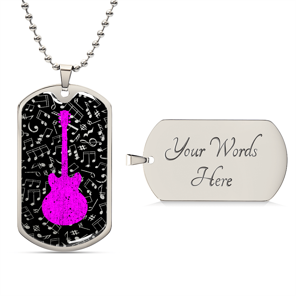 Dog Tag Necklace Black | Music Pattern Cutout | Pink Guitar