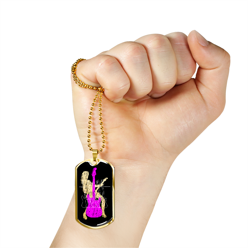 Dog Tag Necklace Black | Female Guitarist Cutout | Bass Guitars | Pink Electric Guitar