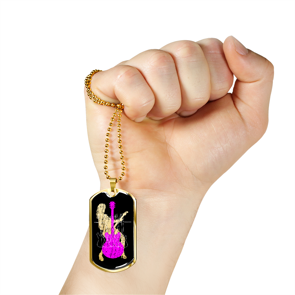 Dog Tag Necklace Black | Female Guitarist Cutout | Bass Guitars | Pink Guitar