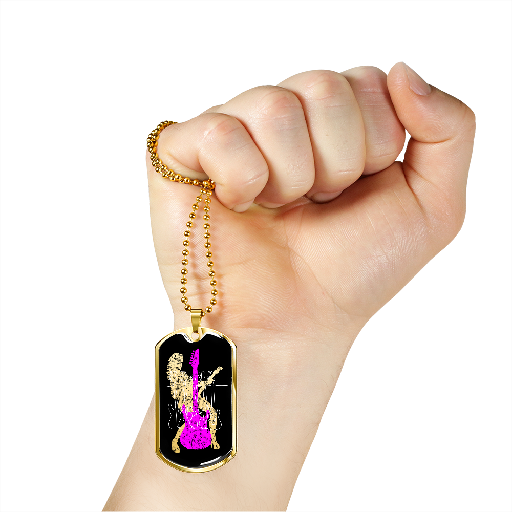 Dog Tag Necklace Black | Female Guitarist Cutout | Bass Guitars | Pink Guitar