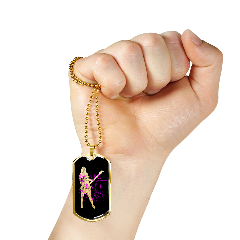 Dog Tag Black Necklace | Female Bassist Cutout | Pink Bass Guitars | Pink Bass Clef | Distressed