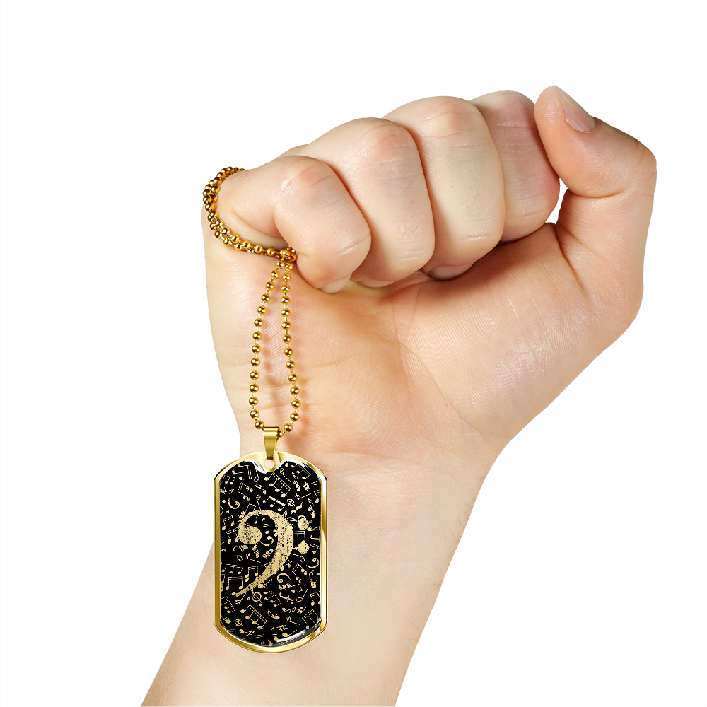 Dog Tag Necklace Black | Bass Clef Cutout | Music Notes | Distressed