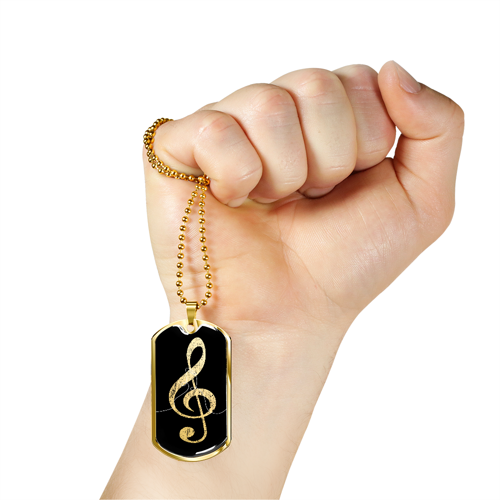 Dog Tag Necklace Black | G-clef Cutout | Music Notes | Distressed