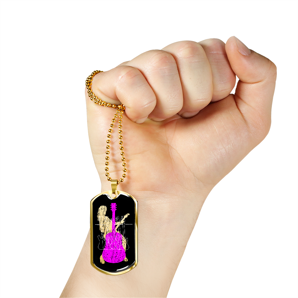 Dog Tag Necklace Black | Female Guitarist Cutout | Bass Guitars | Pink Acoustic Guitar