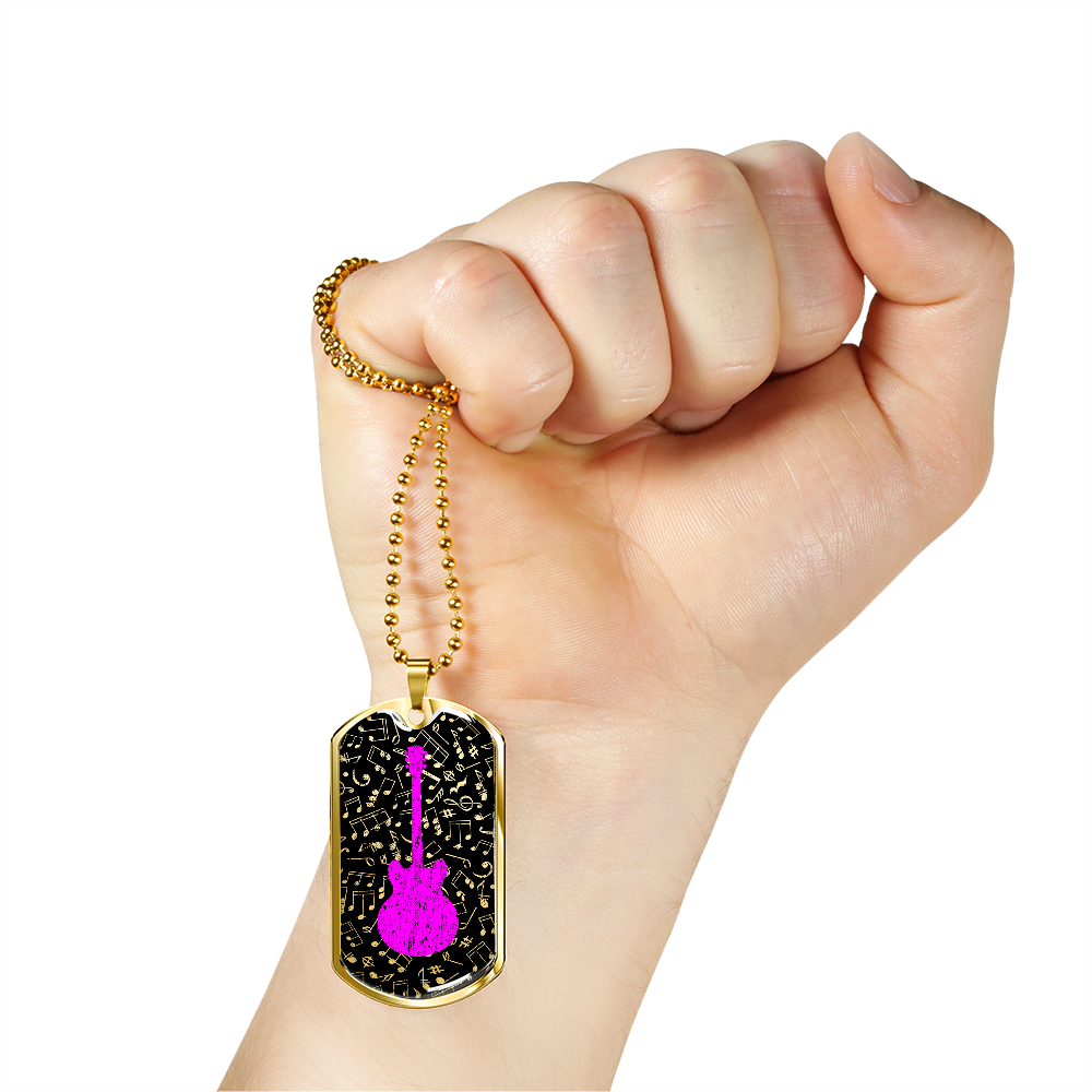 Dog Tag Necklace Black | Music Pattern Cutout | Pink Guitar
