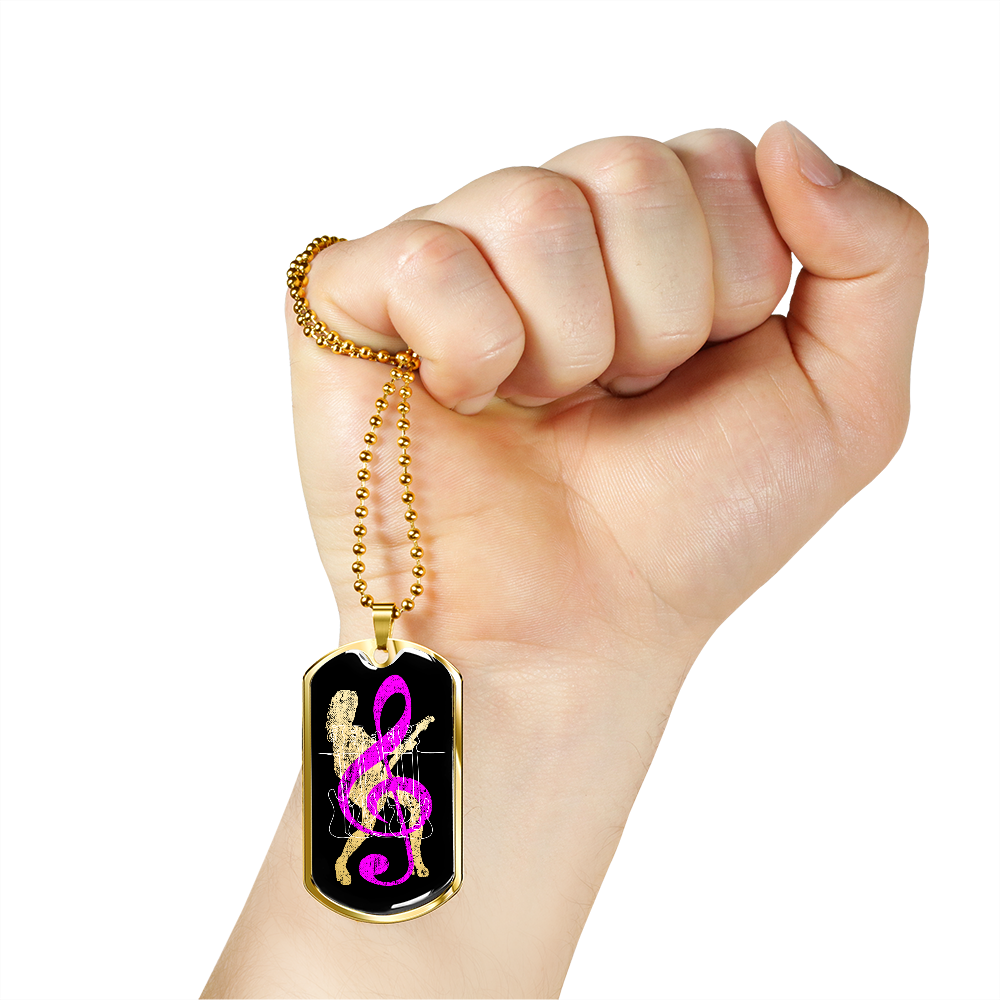 Dog Tag Necklace Black | Female Guitarist Cutout | Bass Guitars | Pink Clef
