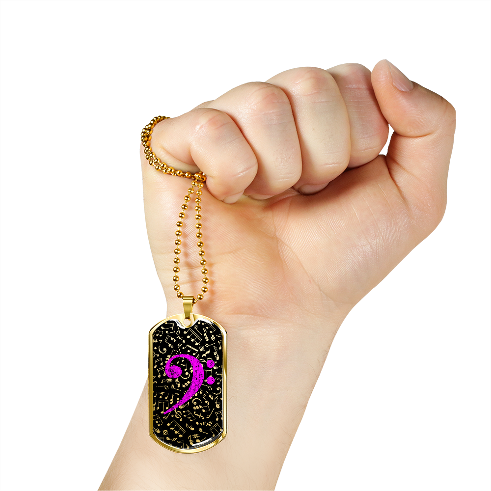 Dog Tag Necklace Black | Music Pattern Cutout | Pink Bass Clef