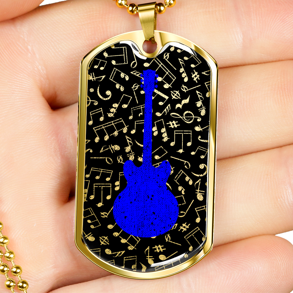 Dog Tag Necklace Black | Music Pattern Cutout | Blue Guitar