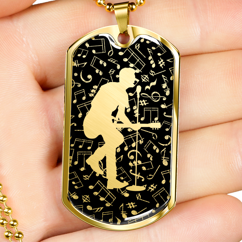 Dog Tag Necklace Black | Male Guitarist Cutout | Music Notes Cutout