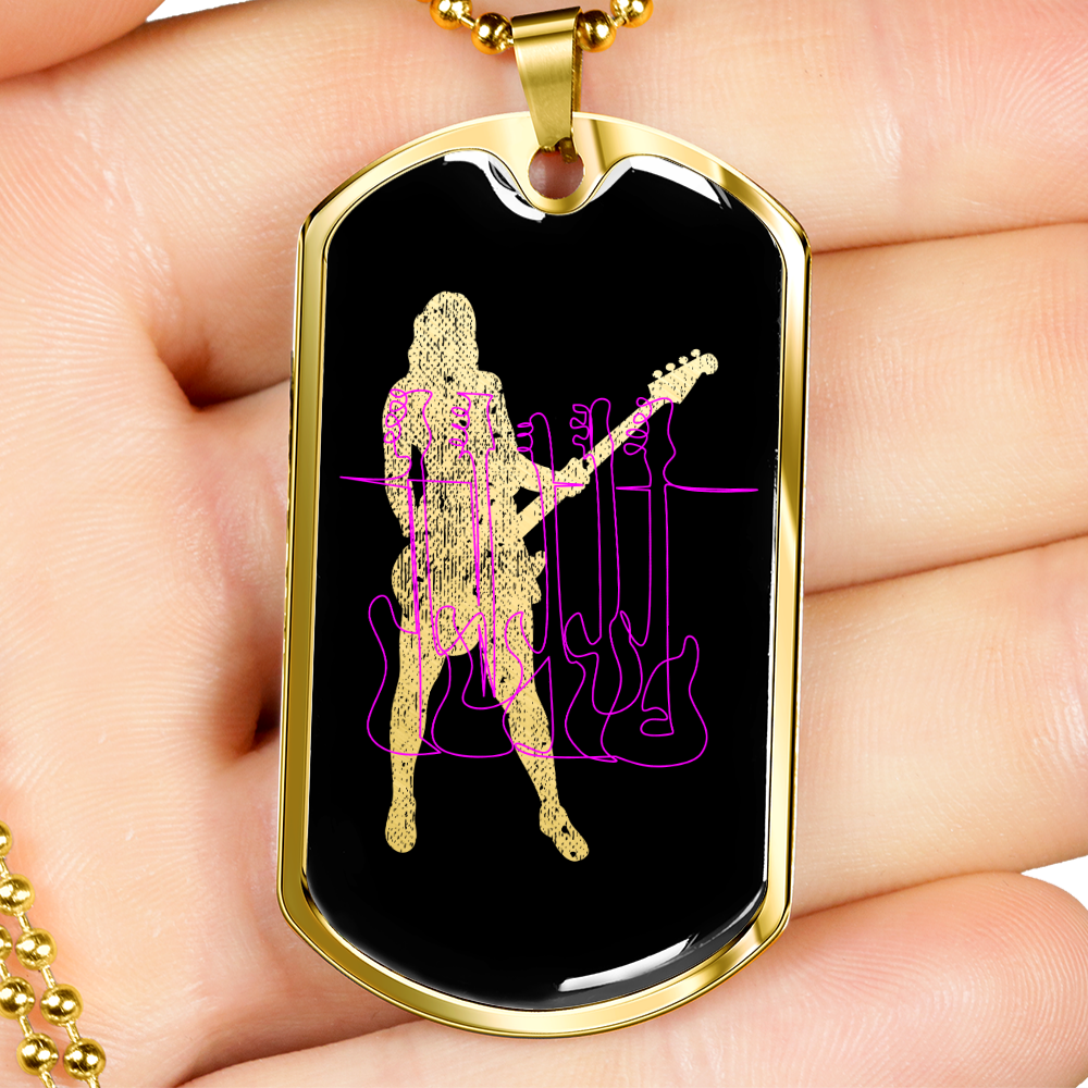 Dog Tag Black Necklace | Female Bassist Cutout | Pink Bass Guitars | Pink Bass Clef | Distressed