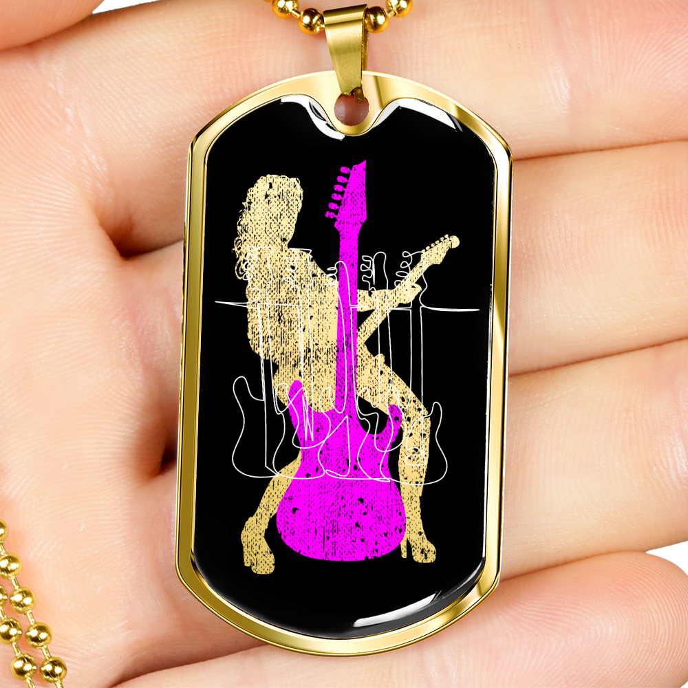 Dog Tag Necklace Black | Female Guitarist Cutout | Bass Guitars | Pink Guitar