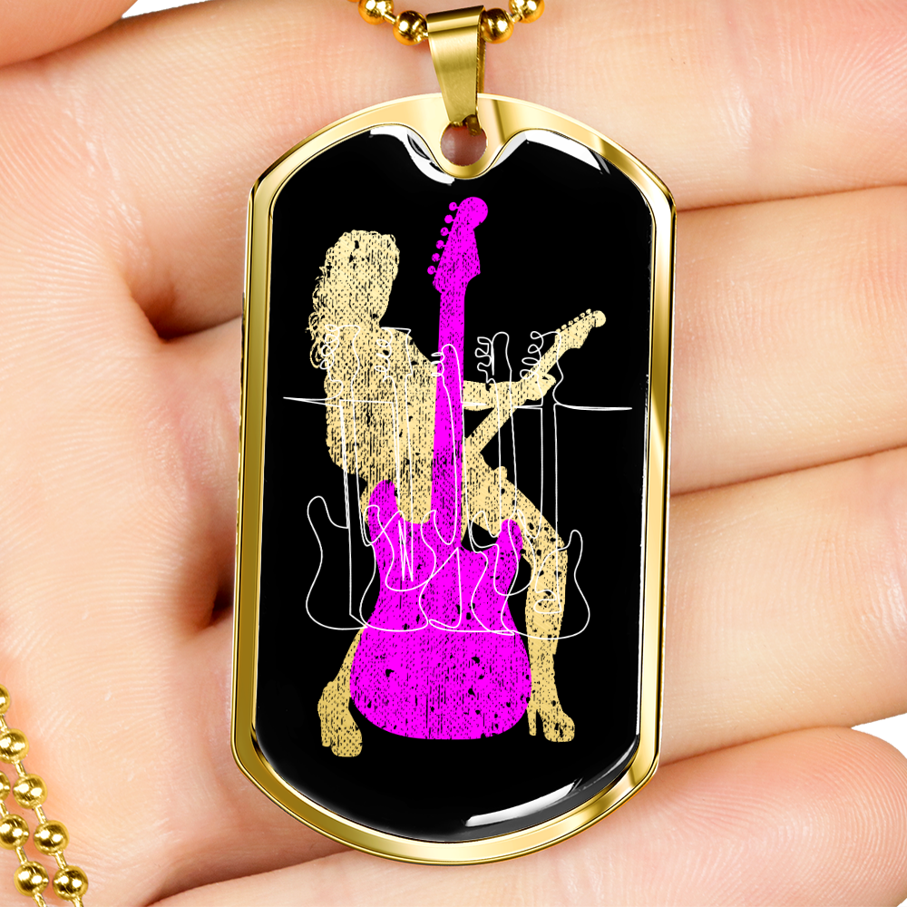 Dog Tag Necklace Black | Female Guitarist Cutout | Bass Guitars | Pink Electric Guitar