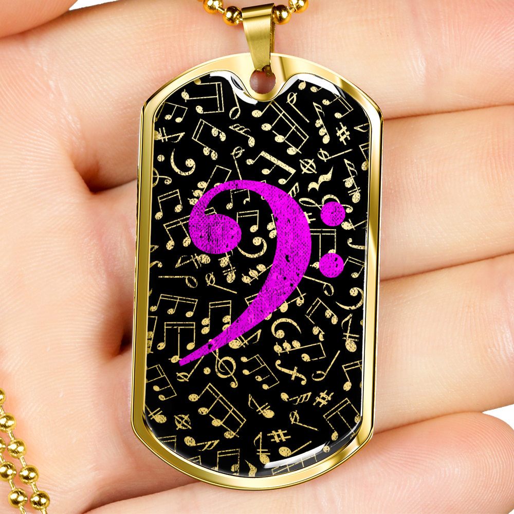 Dog Tag Necklace Black | Music Pattern Cutout | Pink Bass Clef