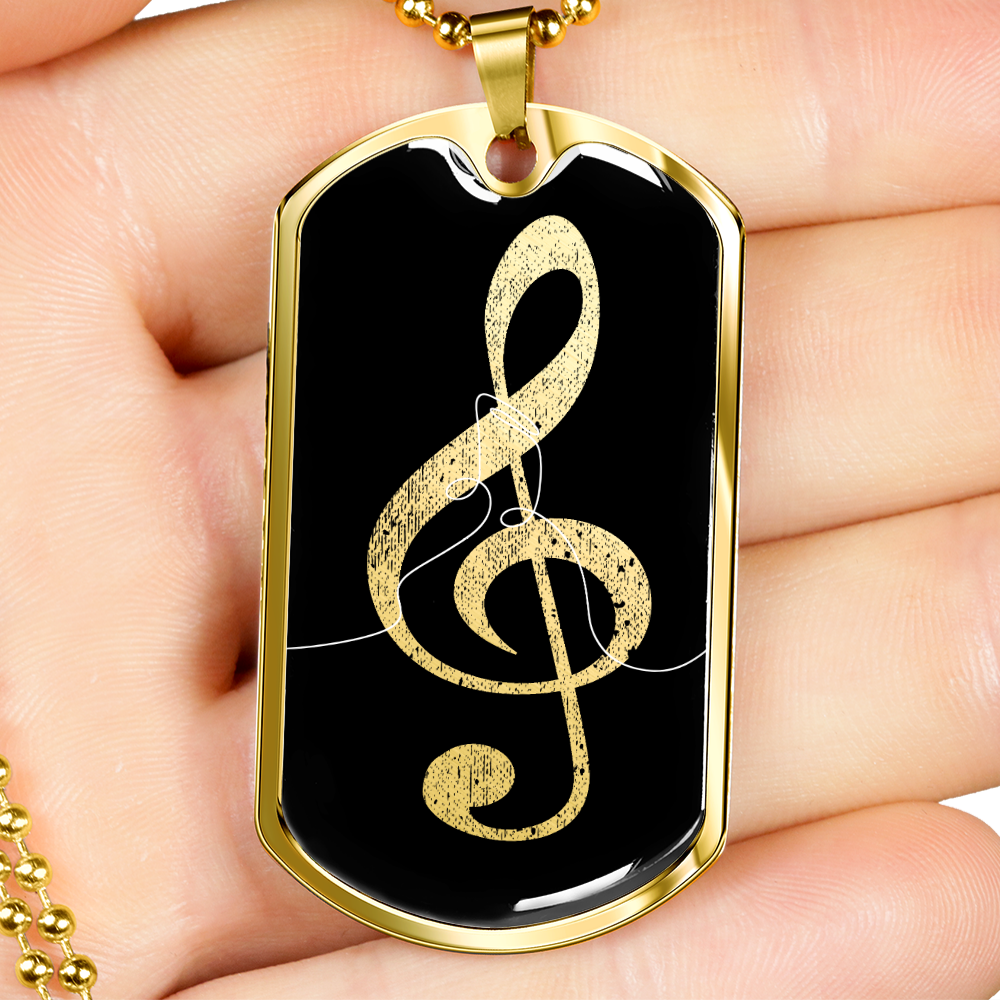 Dog Tag Necklace Black | G-clef Cutout | Music Notes | Distressed