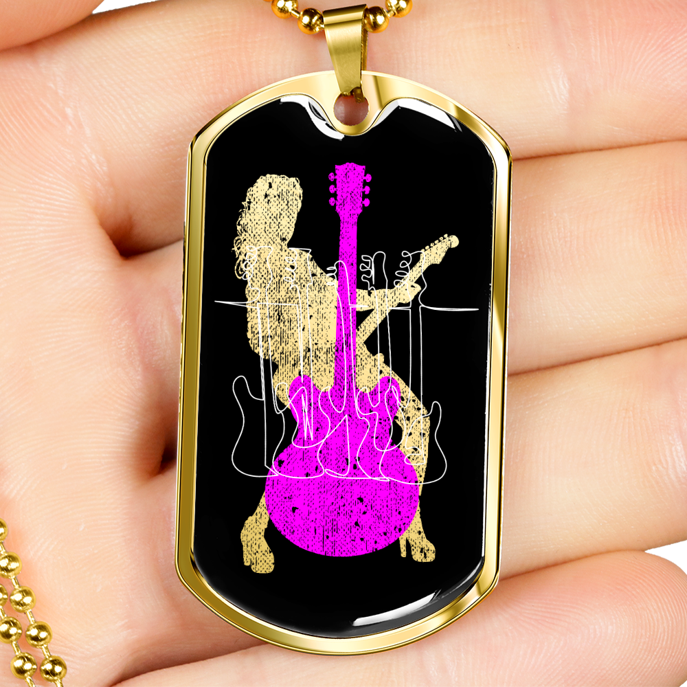 Dog Tag Necklace Black | Female Guitarist Cutout | Bass Guitars | Pink Guitar