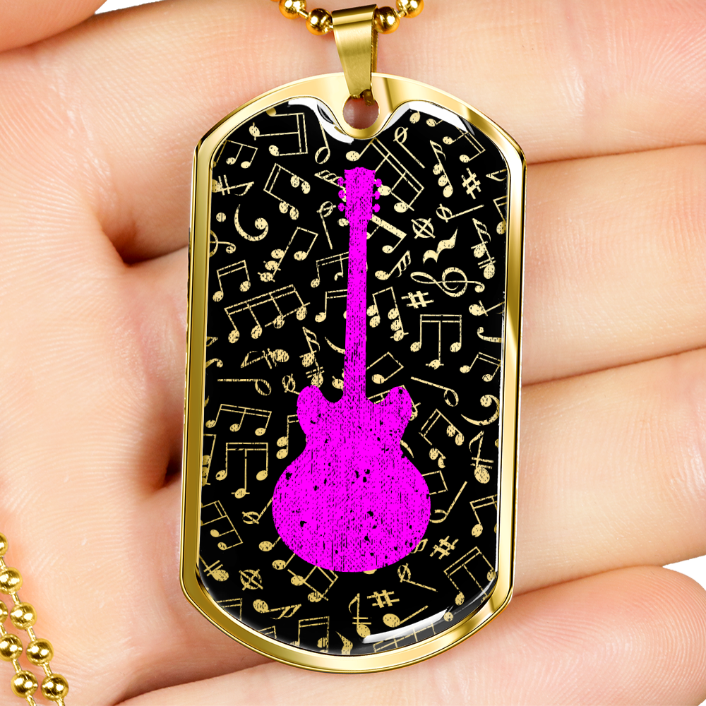 Dog Tag Necklace Black | Music Pattern Cutout | Pink Guitar
