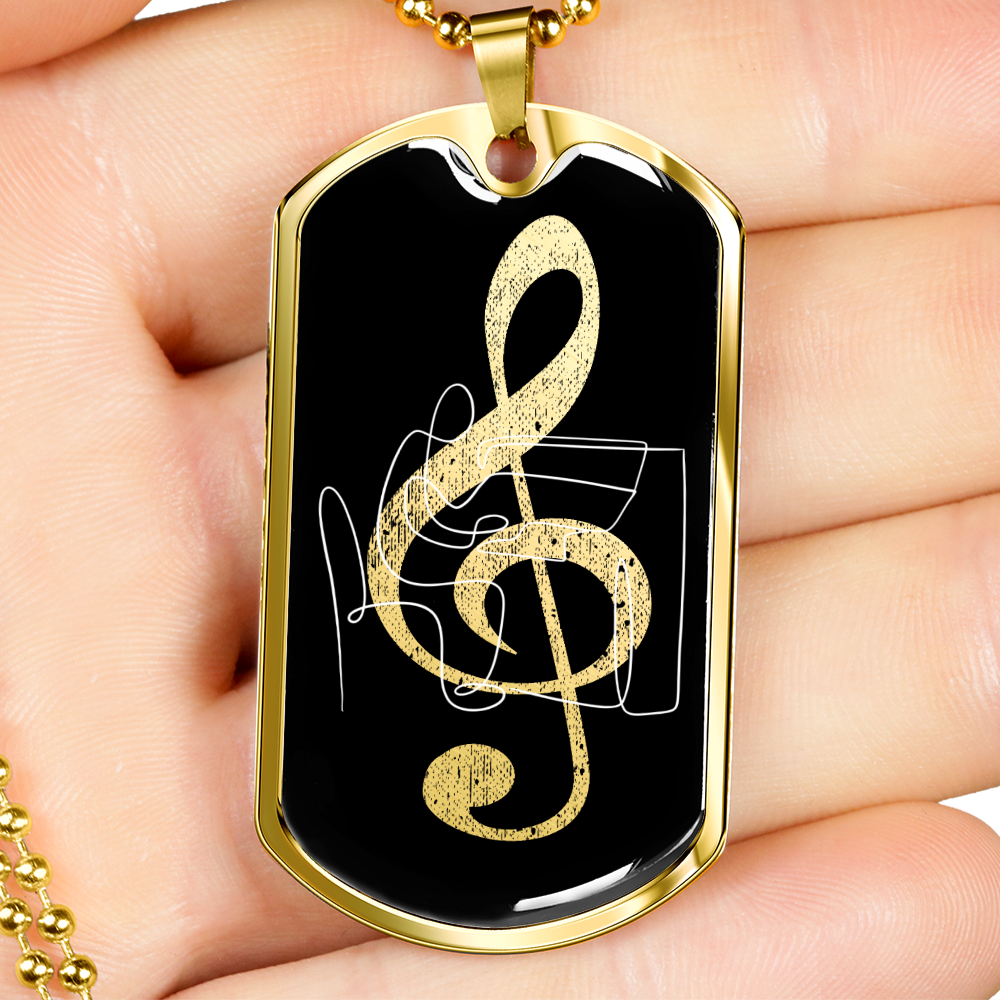 Dog Tag Necklace Black | G-clef Cutout | Piano | Distressed