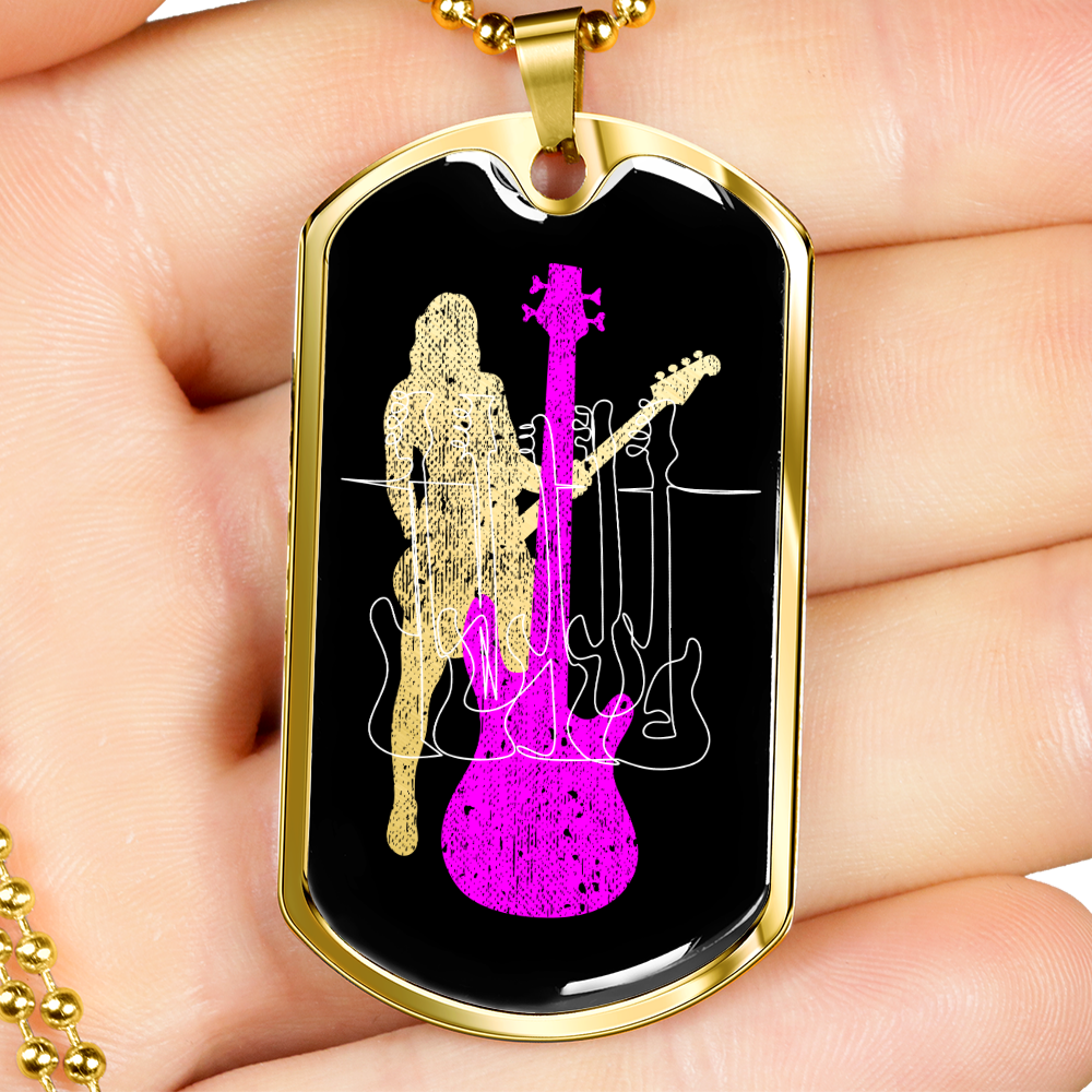 Dog Tag Necklace Black | Female Bassist Cutout | Bass Guitars | Pink Bass
