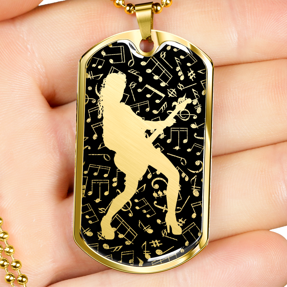 Dog Tag Necklace Black | Female Guitarist Cutout | Music Notes Cutout