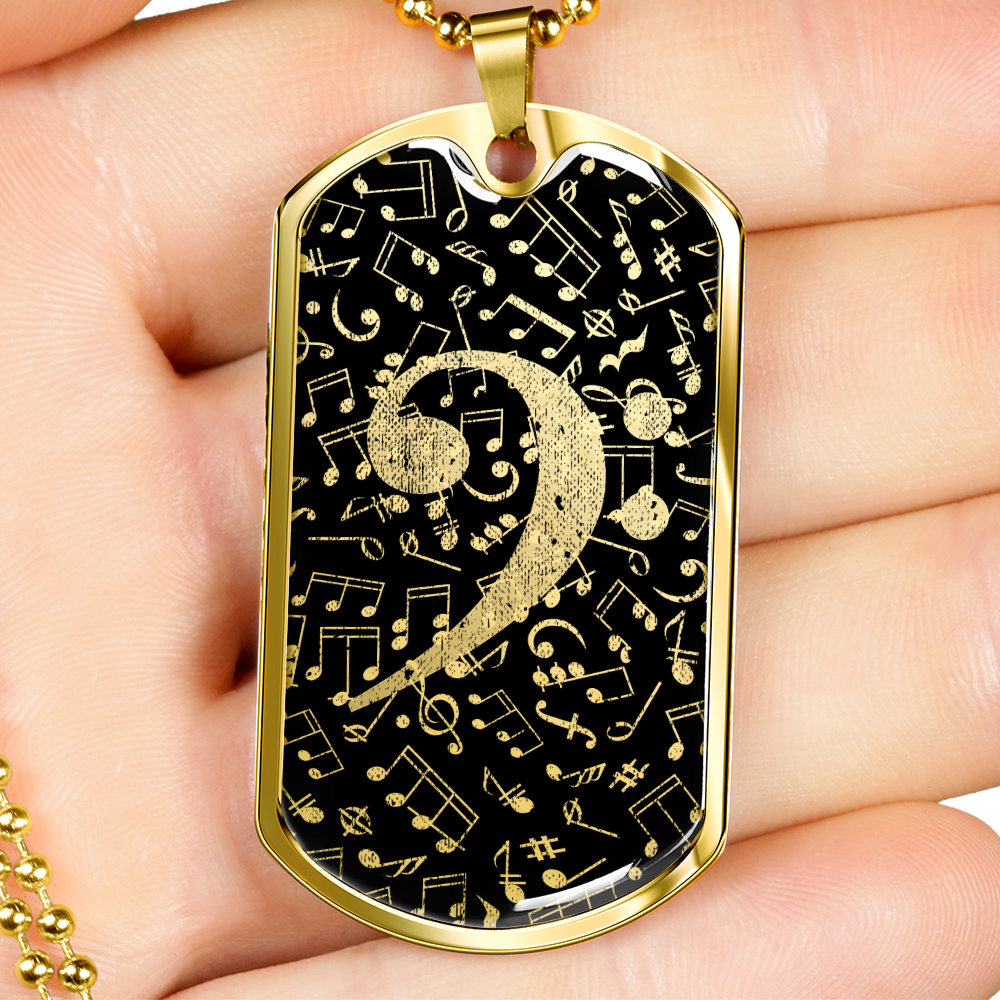 Dog Tag Necklace Black | Bass Clef Cutout | Music Notes | Distressed