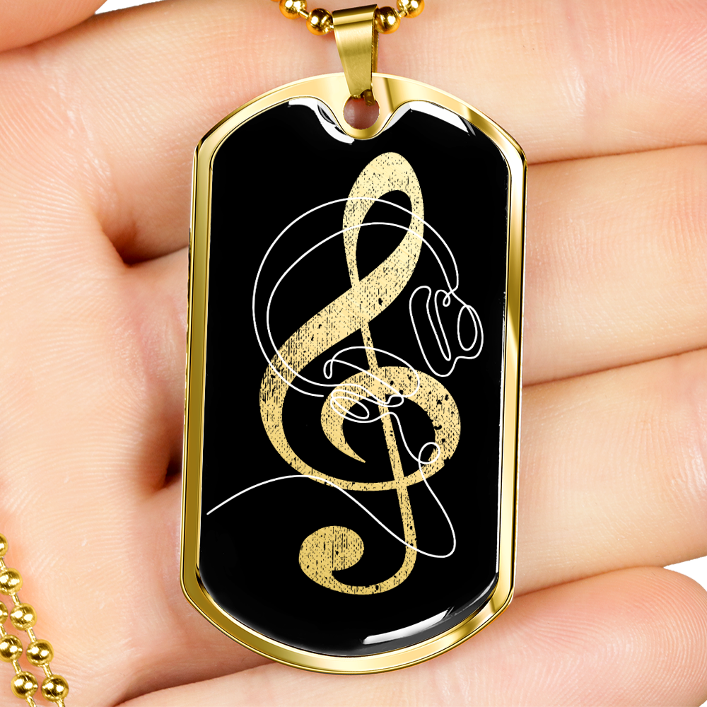 Dog Tag Necklace Black | G-clef Cutout | Headphones | Distressed