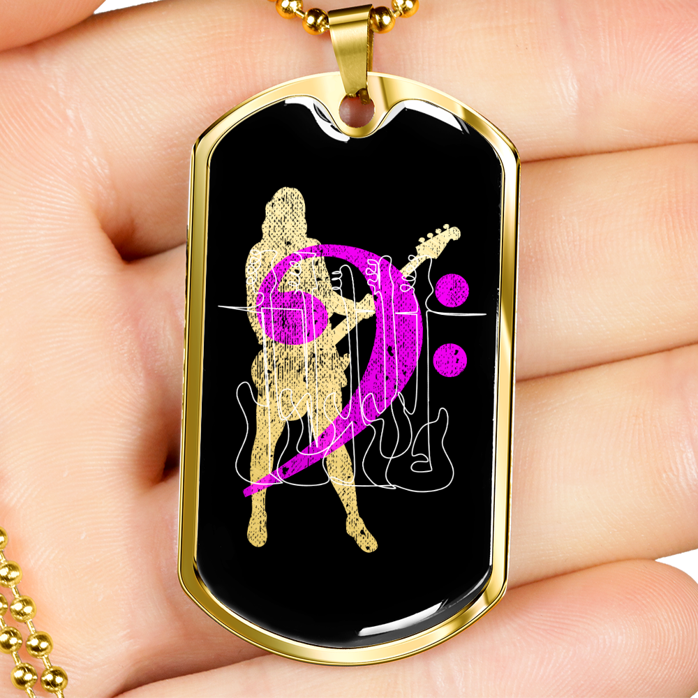 Dog Tag Necklace Black | Female Bassist Cutout | Bass Guitars | Pink Bass Clef | Distressed