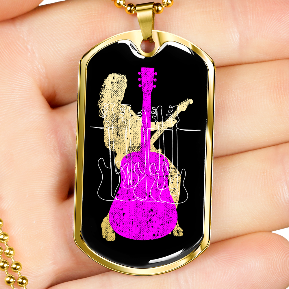 Dog Tag Necklace Black | Female Guitarist Cutout | Bass Guitars | Pink Acoustic Guitar