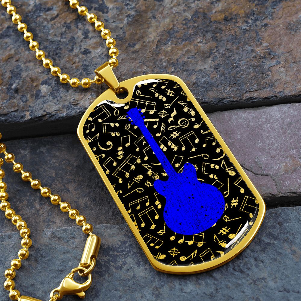 Dog Tag Necklace Black | Music Pattern Cutout | Blue Guitar