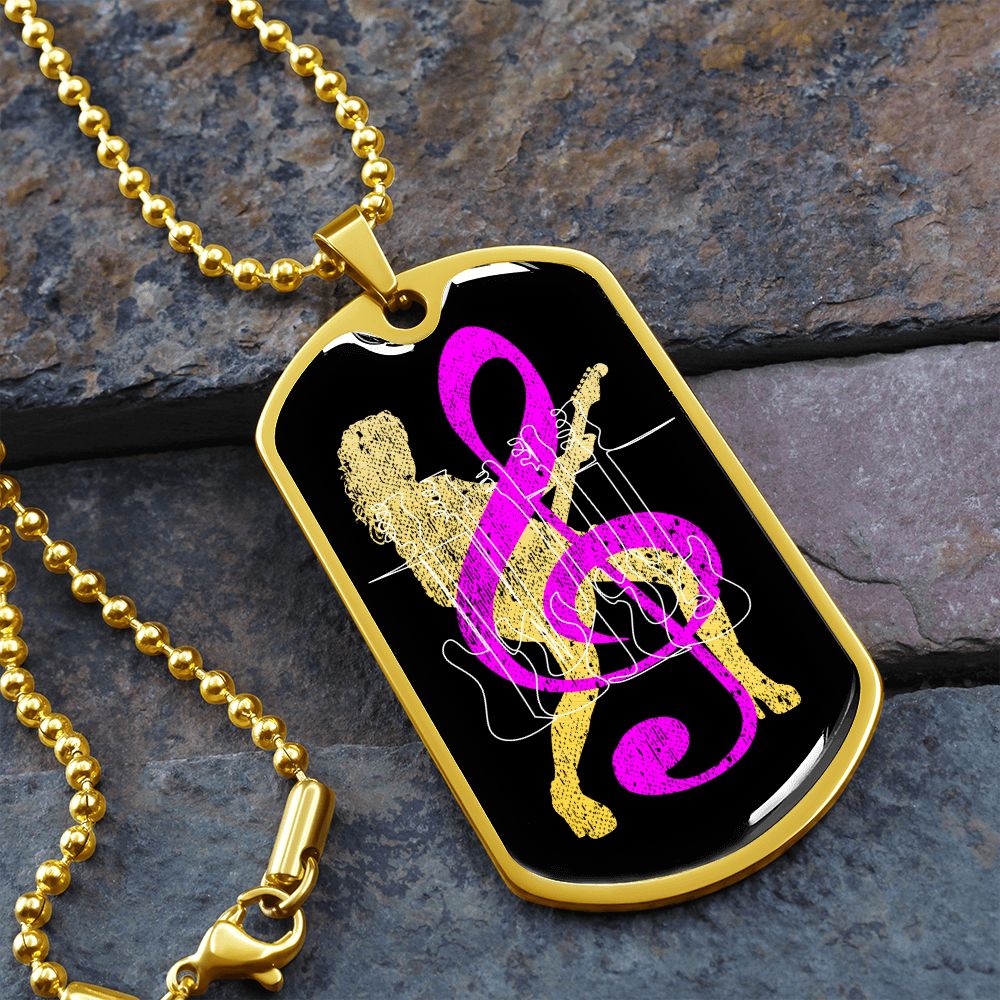 Dog Tag Necklace Black | Female Guitarist Cutout | Bass Guitars | Pink Clef
