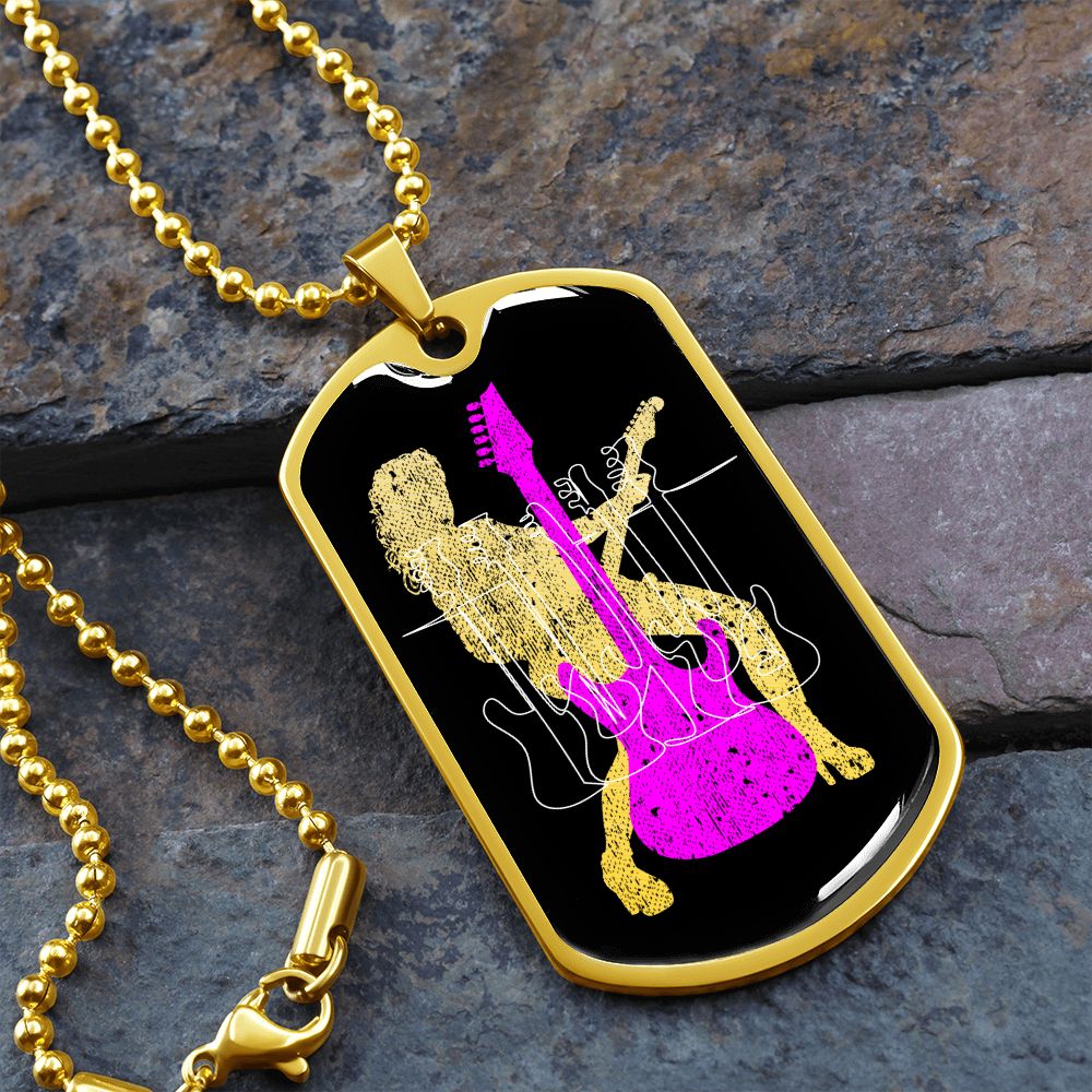 Dog Tag Necklace Black | Female Guitarist Cutout | Bass Guitars | Pink Guitar