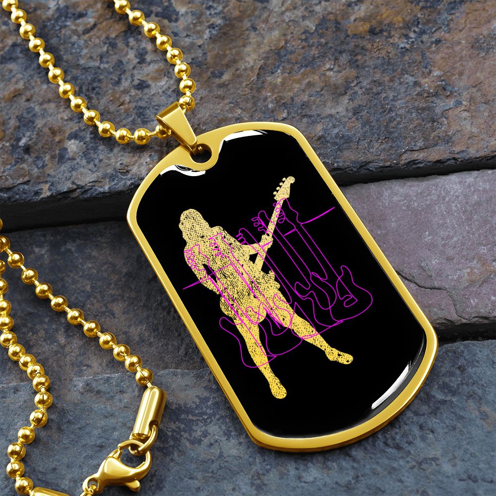 Dog Tag Black Necklace | Female Bassist Cutout | Pink Bass Guitars | Pink Bass Clef | Distressed