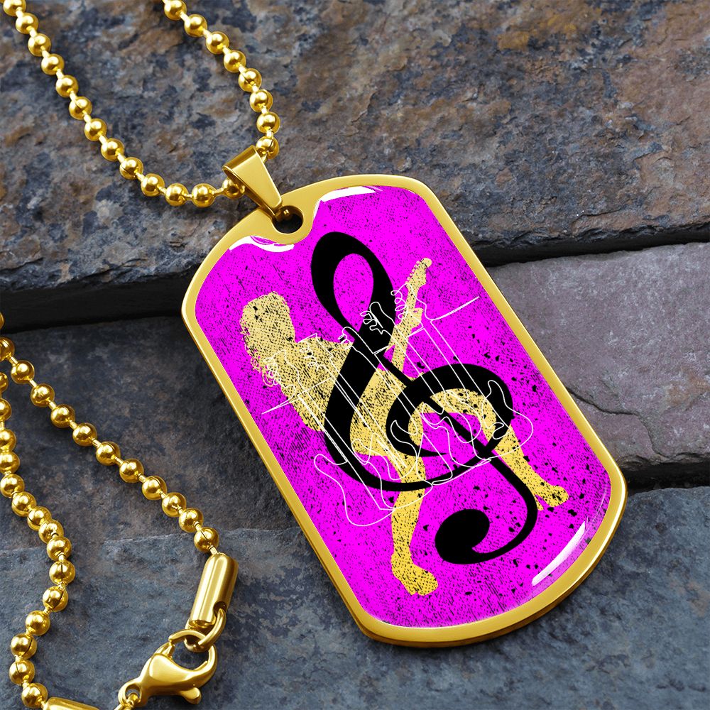 Dog Tag Necklace Pink | Female Guitarist Cutout | Bass Guitars | Black Clef