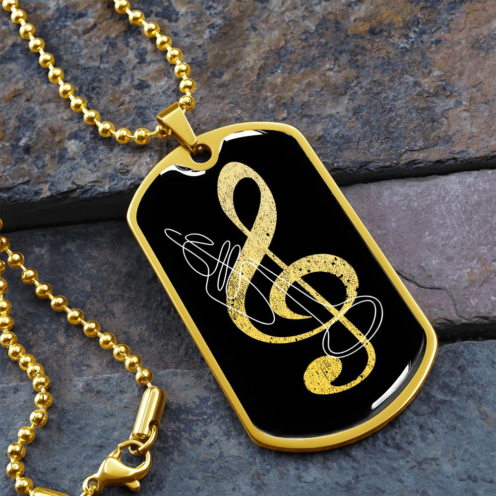 Dog Tag Necklace Black | G-clef Cutout | Trumpet | Distressed