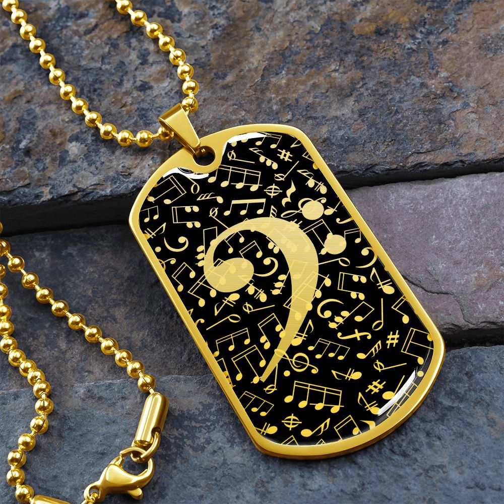 Dog Tag Necklace Black | Bass Clef Cutout | Music Notes