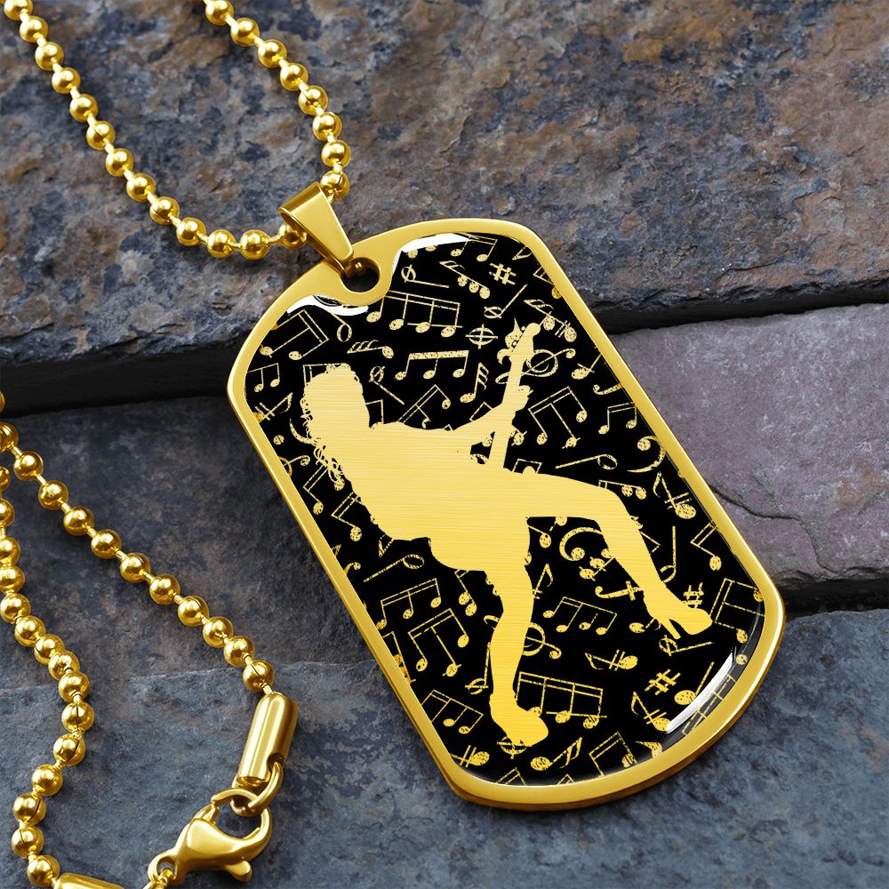 Dog Tag Necklace Black | Female Guitarist Cutout | Music Notes Cutout