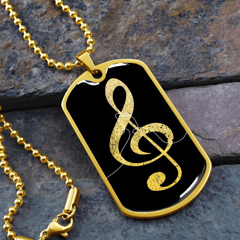 Dog Tag Necklace Black | G-clef Cutout | Music Notes | Distressed