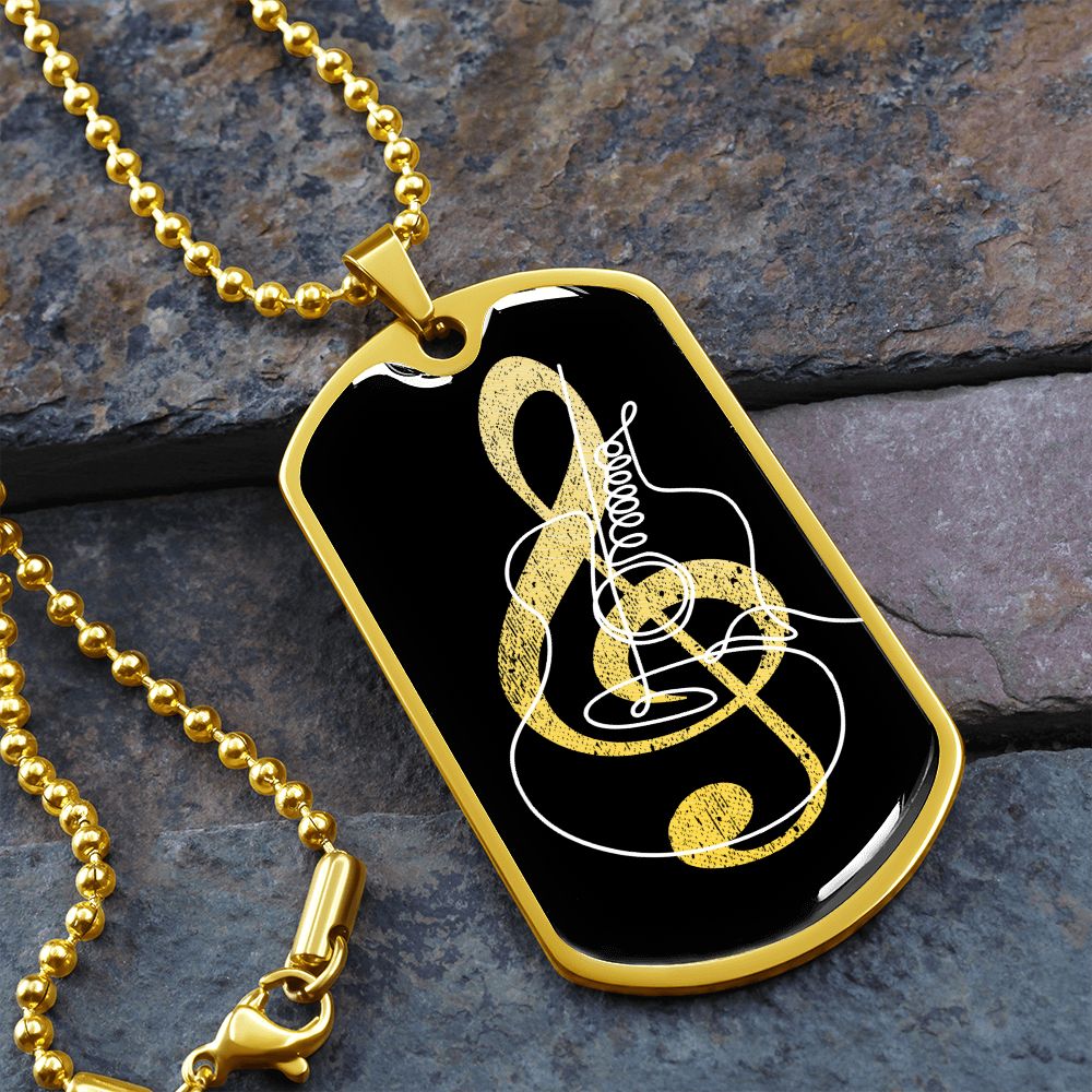 Dog Tag Necklace Black | G-clef Cutout | Guitar | Distressed
