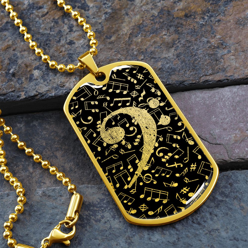 Dog Tag Necklace Black | Bass Clef Cutout | Music Notes | Distressed
