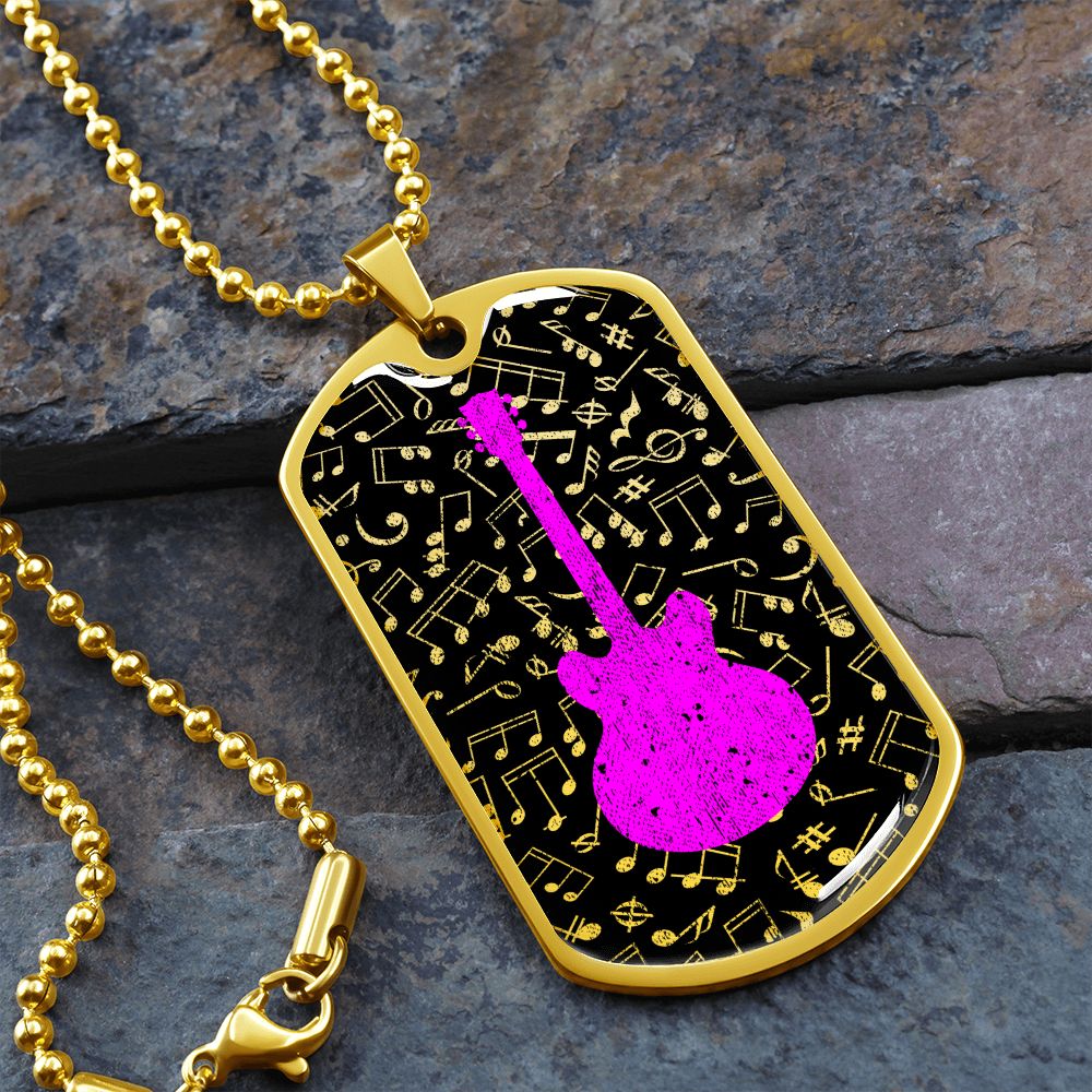 Dog Tag Necklace Black | Music Pattern Cutout | Pink Guitar