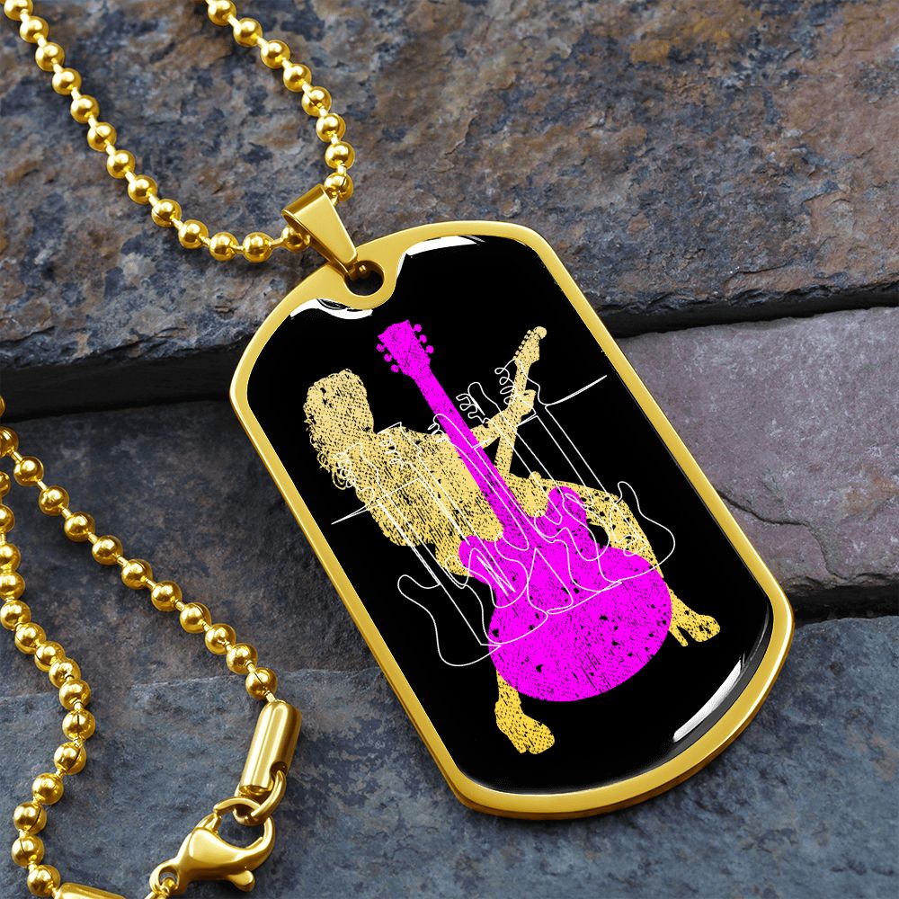 Dog Tag Necklace Black | Female Guitarist Cutout | Bass Guitars | Pink Guitar