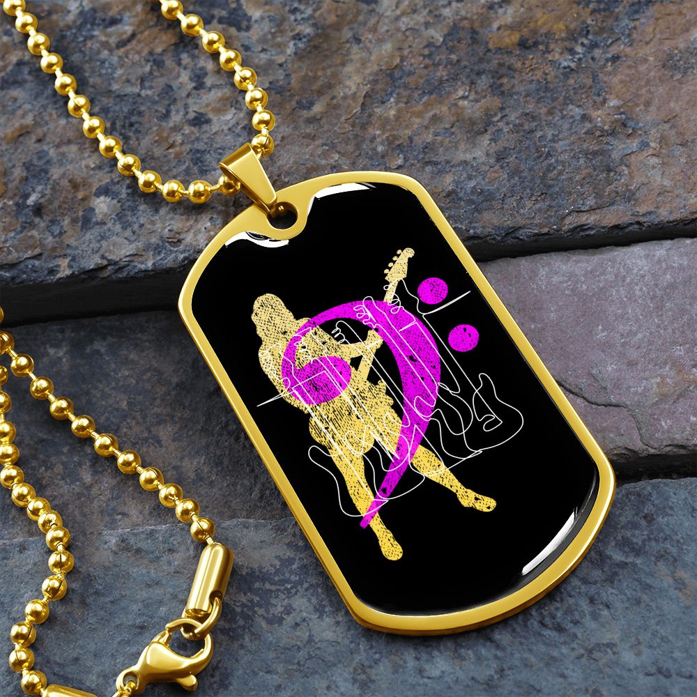 Dog Tag Necklace Black | Female Bassist Cutout | Bass Guitars | Pink Bass Clef | Distressed