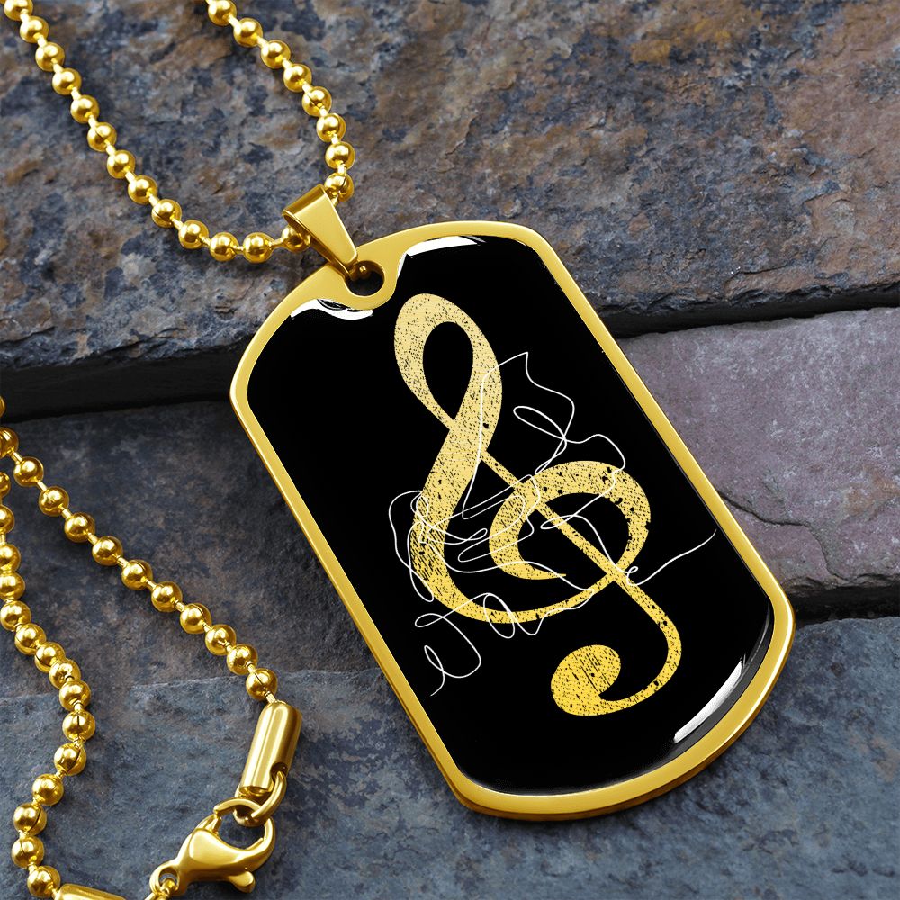 Dog Tag Necklace Black | G-clef Cutout | Grand Piano | Distressed