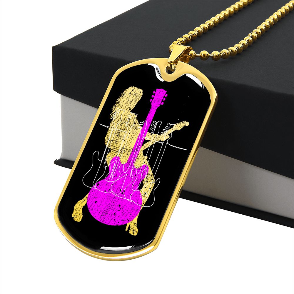 Dog Tag Necklace Black | Female Guitarist Cutout | Bass Guitars | Pink Guitar