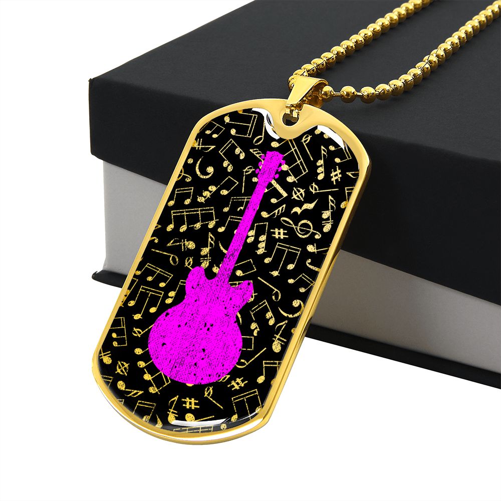 Dog Tag Necklace Black | Music Pattern Cutout | Pink Guitar