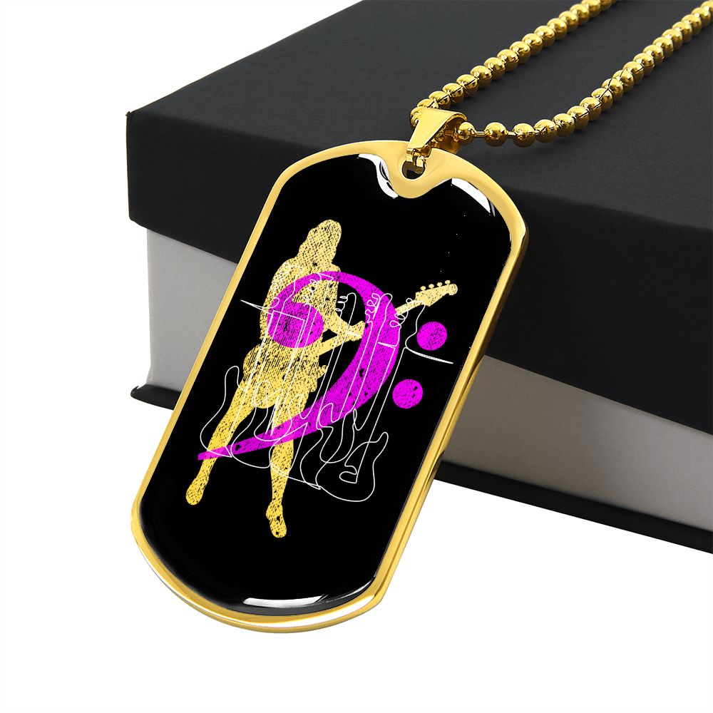 Dog Tag Necklace Black | Female Bassist Cutout | Bass Guitars | Pink Bass Clef | Distressed